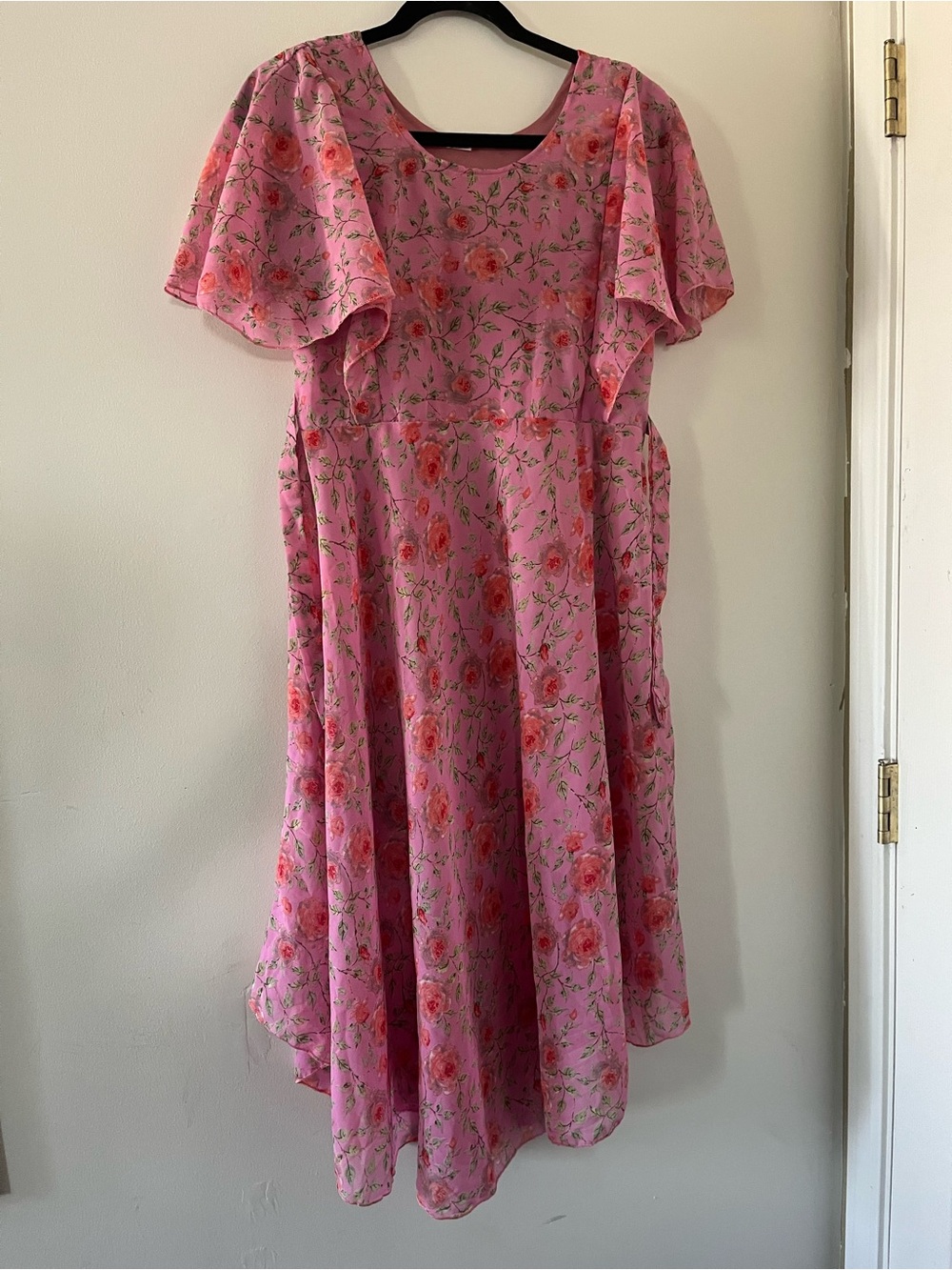 Pink Floral Flutter Sleeve Midi Dress 8 Cottagecore Feminine Church Modest